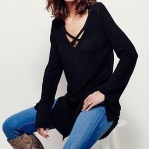 Free People Criss Cross Tunic Bell Sleeve Sweater Tunic Dress Black Size Small